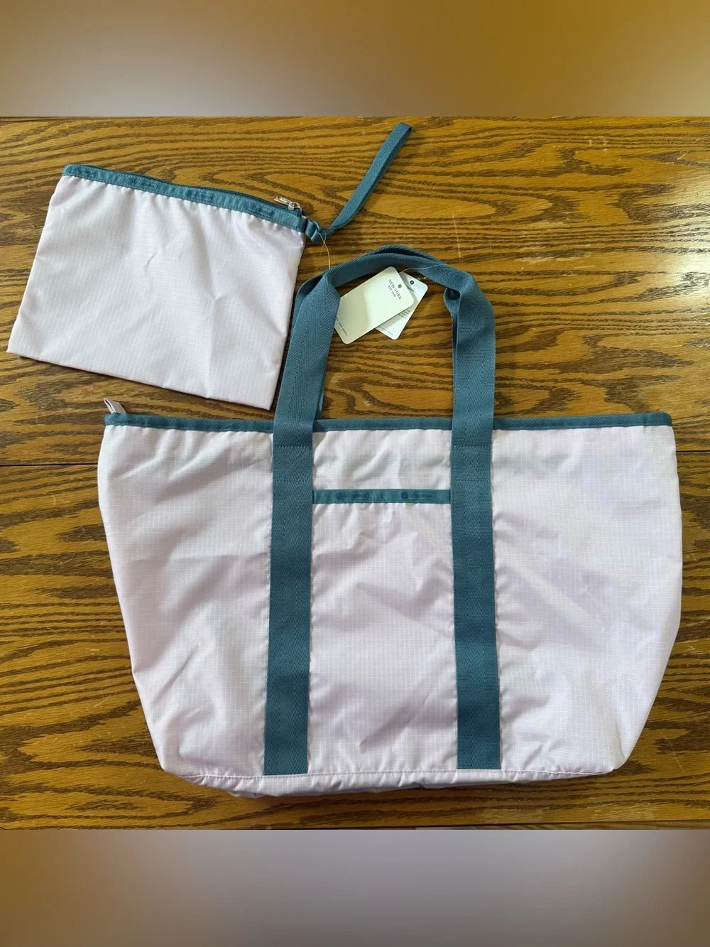 LeSportsac E/W Packable Tote Bag Set Pink & Blue Trim NWT